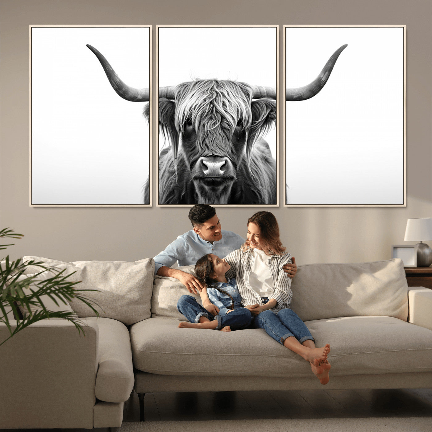 49556-MGV-CV-36X24-Highland Cow Wall Art – Black and White Scottish Highland Cattle Print, Rustic Farmhouse Minimalist Animal Portrait Canvas for