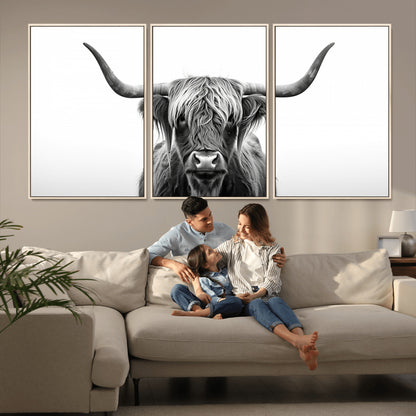 49556-MGV-CV-36X24-Highland Cow Wall Art – Black and White Scottish Highland Cattle Print, Rustic Farmhouse Minimalist Animal Portrait Canvas for