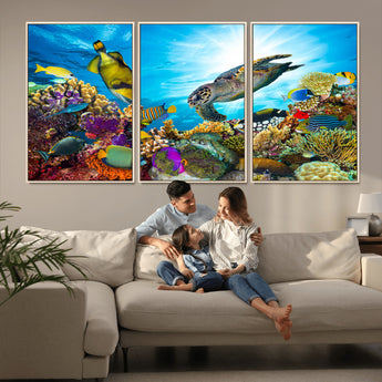 44772-MGV-CV-36X24-Underwater Sea Turtle Wall Art – Vibrant Coral Reef and Tropical Fish Canvas Print, Ocean Marine Life Decor for Living Room,