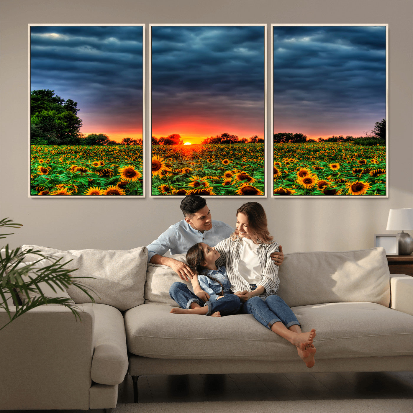 45045-MGV-CV-36X24-Sunflower Field Sunset Wall Art – Dramatic Stormy Sky Landscape Print, Vibrant Yellow Floral Nature Canvas for Living Room,