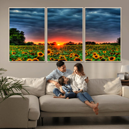 45045-MGV-CV-36X24-Sunflower Field Sunset Wall Art – Dramatic Stormy Sky Landscape Print, Vibrant Yellow Floral Nature Canvas for Living Room,