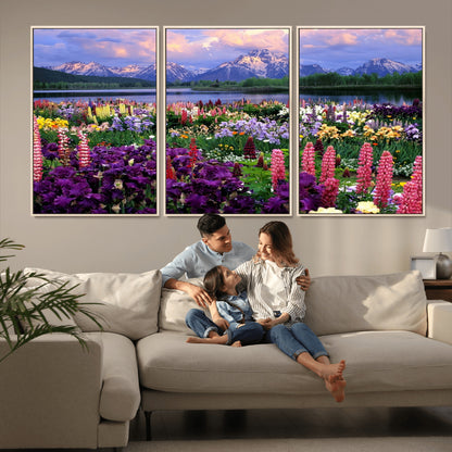 82270-MGV-CV-36X24-Colorful Wildflower Meadow Landscape Wall Art – Snow-Capped Mountain Lake Sunset Print, Vibrant Nature Artwork for Living Room,