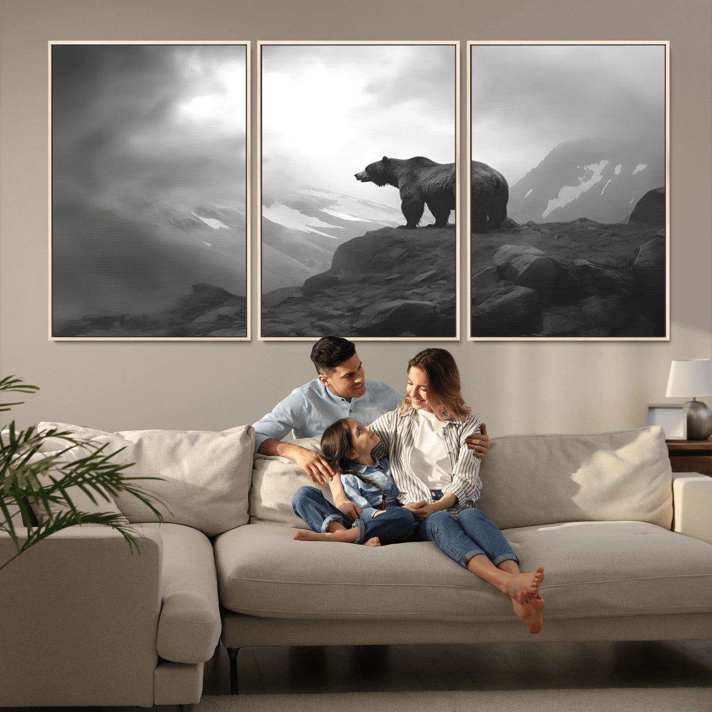 49504-MGV-CV-36X24-Black and White Grizzly Bear Wall Art – Wilderness Wildlife Painting, Rustic Mountain Cabin Decor, Monochrome Animal Print for