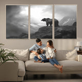 49504-MGV-CV-36X24-Black and White Grizzly Bear Wall Art – Wilderness Wildlife Painting, Rustic Mountain Cabin Decor, Monochrome Animal Print for