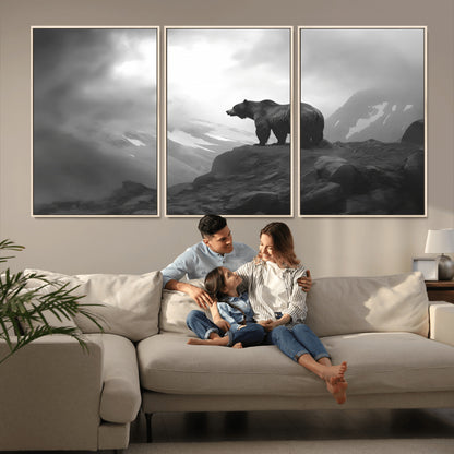 49504-MGV-CV-36X24-Black and White Grizzly Bear Wall Art – Wilderness Wildlife Painting, Rustic Mountain Cabin Decor, Monochrome Animal Print for