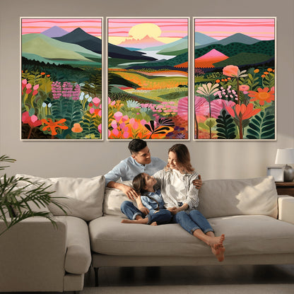 99638-MGV-CV-36X24-Sunset Meadow Wall Art – Panoramic Mountain Landscape with Wildflowers Canvas Print, Vibrant Nature Decor for Living Room, Bedroom