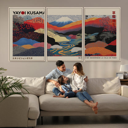 49228-MGV-FC-93X47-3P_Black-Kusama Wall Art – Vibrant Japanese Landscape Canvas Print, Modern Abstract Mountain and River Decor for Living Room, Office or Art