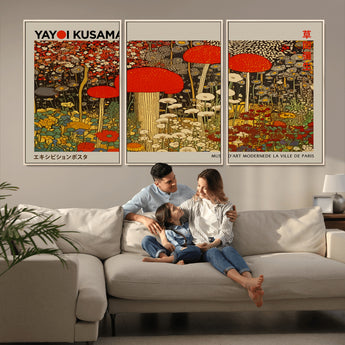 38013-MGV-CV-36X24-Yayoi Kusama Inspired Mushroom Garden Wall Art – Whimsical Botanical Canvas Print, Surreal Nature Poster, Fantasy Floral Artwork