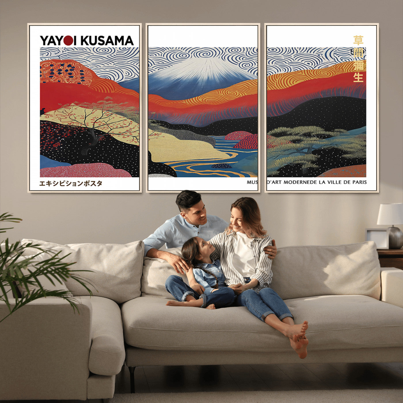 14839-MGV-CV-36X24-Yayoi Kusama Wall Art – Panoramic Mountain & River Canvas Print, Modern Abstract Japanese Landscape Decor for Living Room or