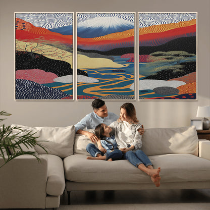 22313-MGV-CV-36X24-Yayoi Kusama Wall Art – Abstract Mount Fuji Landscape Canvas Print, Vibrant Japanese Nature Scene with River, Mountains and Sky