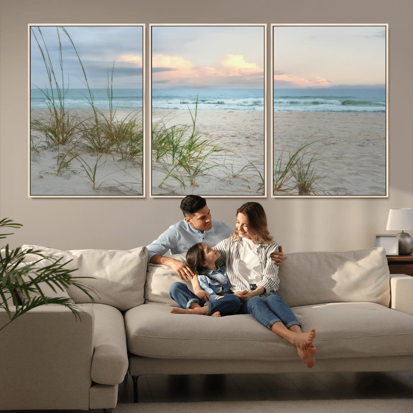 Test1001-MGV-FC-60X30-3P_Natural-Coastal Beach Wall Art – Panoramic Ocean Waves and Sandy Dunes Canvas Print, Serene Seascape with Sea Oats for Relaxing Home or