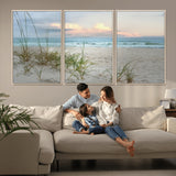 Test1001-MGV-FC-60X30-3P_Natural-Coastal Beach Wall Art – Panoramic Ocean Waves and Sandy Dunes Canvas Print, Serene Seascape with Sea Oats for Relaxing Home or