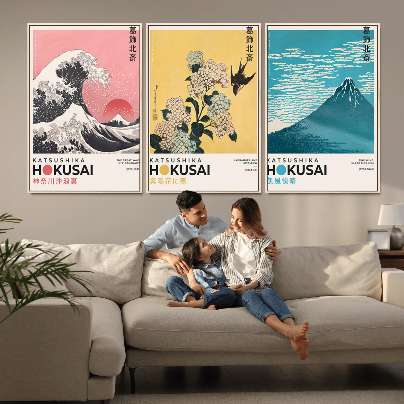 Katsushika-MGV-CV-36X24-Katsushika Hokusai Wall Art Set – The Great Wave, Hydrangea and Swallow, Fine Wind Canvas Prints, Japanese Ukiyo e Style Home and