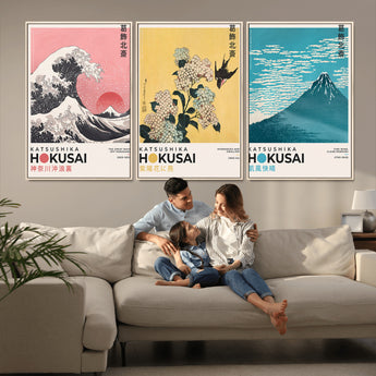 Katsushika-MGV-CV-36X24-Katsushika Hokusai Wall Art Set – The Great Wave, Hydrangea and Swallow, Fine Wind Canvas Prints, Japanese Ukiyo e Style Home and