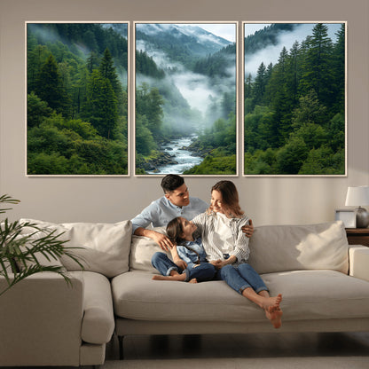 69453-MGV-CV-36X24-Mountain Forest Wall Art – Misty River and Evergreen Landscape Canvas Print, Nature Photography Poster for Living Room, Bedroom,