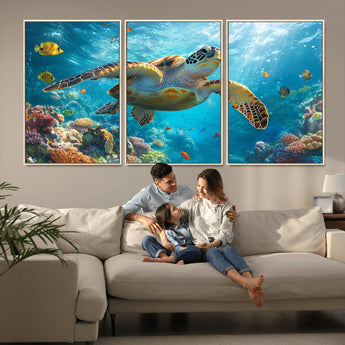 37623-MGV-CV-36X24-Sea Turtle Wall Art – Underwater Ocean Canvas Print with Coral Reef and Tropical Fish, Marine Life Painting Poster for Living