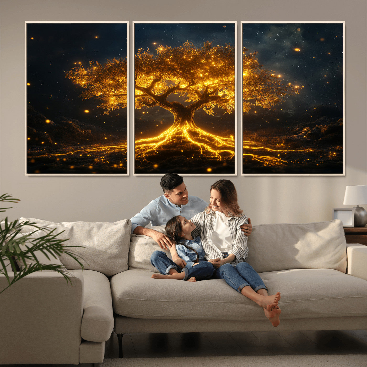 60194-MGV-CV-36X24-Glowing Tree Wall Art – Golden Roots Fantasy Canvas Print, Mystical Illuminated Tree Painting Poster for Living Room, Bedroom,