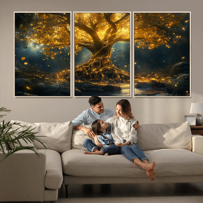 92739-MGV-CV-36X24-Glowing Tree Wall Art – Enchanted Golden Forest Canvas Print, Mystical Illuminated Nature Painting Poster for Living Room,