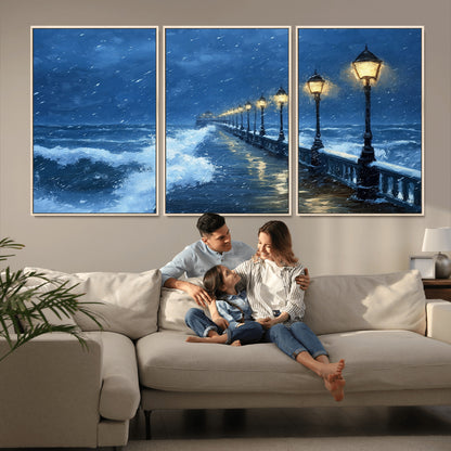 32668-MGV-CV-36X24-Stormy Pier Wall Art – Ocean Waves and Street Lamps Canvas Print, Rainy Night Seascape Oil Painting Poster for Living Room,