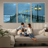 79606-MGV-CV-36X24-Rainy Pier Night Wall Art – Ocean Waves and Street Lamps Canvas Print, Moody Seascape Oil Painting Poster for Living Room,
