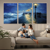 94571-MGV-CV-36X24-Seaside Night Wall Art – Ocean Waves and Street Lamps Canvas Print, Rainy City Pier Oil Painting Poster for Living Room, Bedroom,