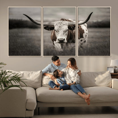 69238-MGV-CV-36X24-Longhorn Bull Wall Art – Rustic Black and White Texas Cattle Canvas Print, Western Farmhouse Animal Photography for Living Room,