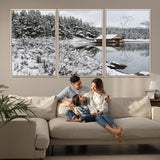 94285-MGV-FC-60X30-3P_Natural-Snowy Cabin Wall Art Canvas Print, Framed Winter Cabin Art Picture Print, Mountain Lake Perfect Snowy Nature Decor Artwork