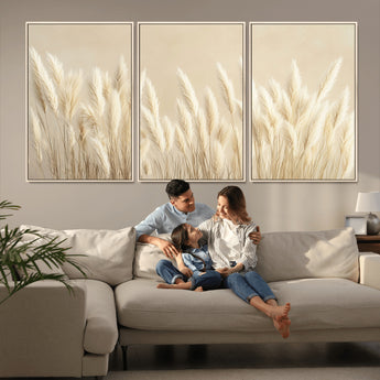 81444-MGV-FC-60X30-3P_Natural-Pampas Grass Wall Art Canvas Print, Framed Beige Pampas Grass Art Picture Print, Minimalist Beige Perfect Minimalist Nature Decor