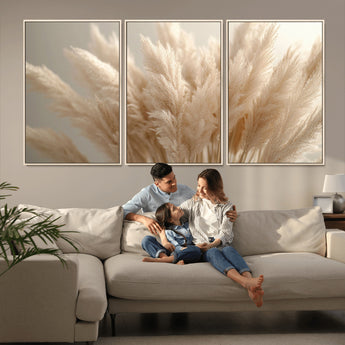 50300-MGV-FC-60X30-3P_Natural-Pampas Grass Wall Art Canvas Print, Framed Minimalist Pampas Grass Art Picture Print, Beige Pampas Grass Perfect Minimalist Boho