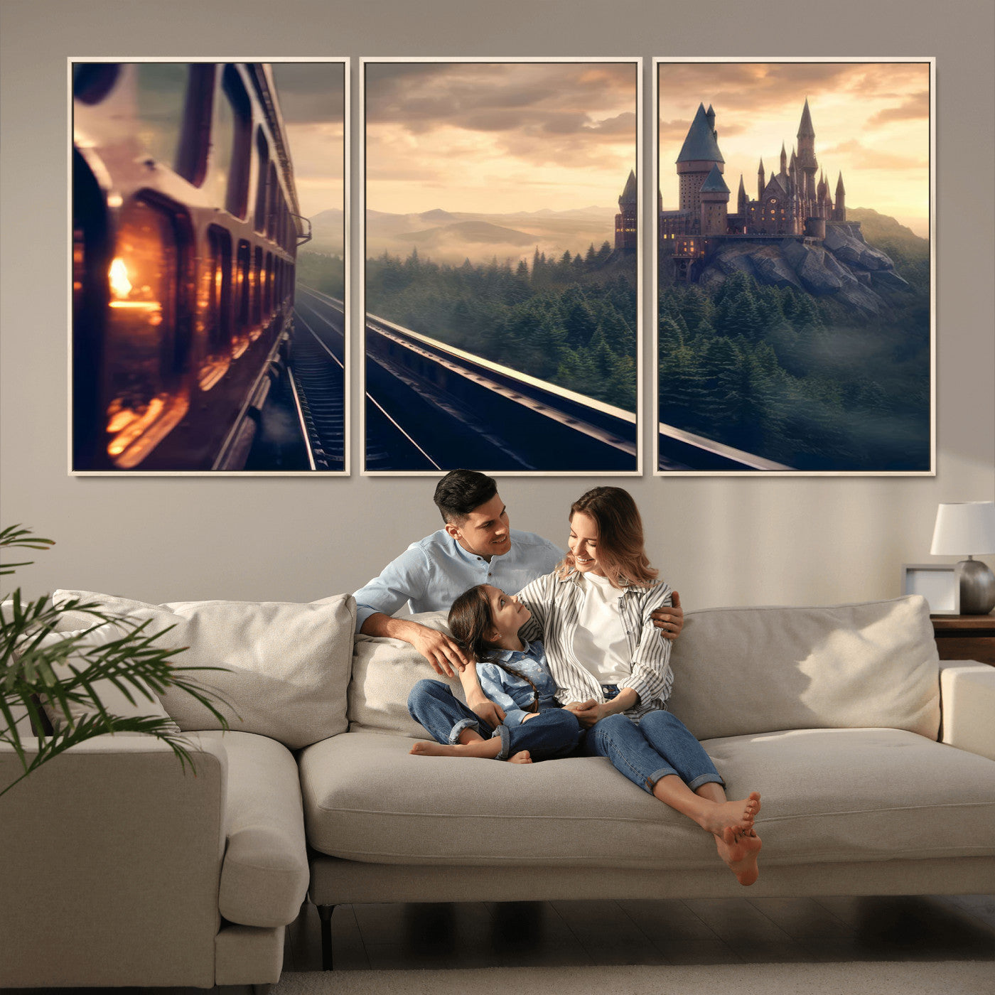 84029-MGV-FC-60X30-3P_Natural-Fantasy Castle Wall Art – Magical Train Sunset Forest Canvas Print, Enchanted Landscape Painting Poster for Living Room, Bedroom,