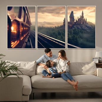 84029-MGV-FC-60X30-3P_Natural-Fantasy Castle Wall Art – Magical Train Sunset Forest Canvas Print, Enchanted Landscape Painting Poster for Living Room, Bedroom,