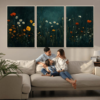 87037-MGV-FC-60X30-3P_Natural-Wildflower Wall Art – Dark Botanical Floral Canvas Print, Modern Nature Painting Poster with Daisies Poppies Orange Flowers for