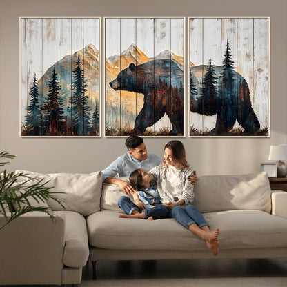 90077-MGV-FC-60X30-3P_Natural-Wood Grizzly Bear Wall Art Canvas Print, Framed Abstract Bear Art Picture Print, Bear in Forest Perfect Rustic Lodge Decor Artwork