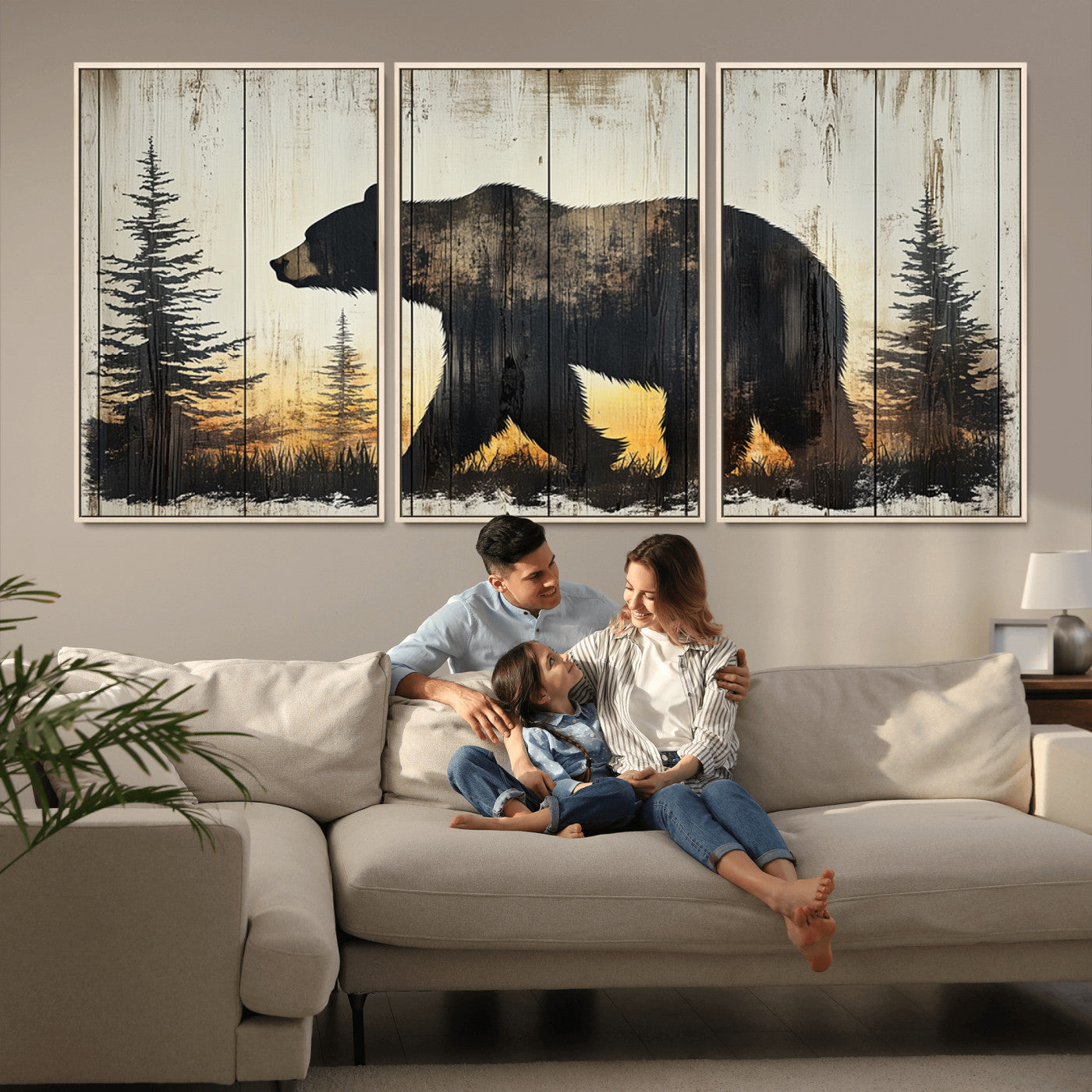83875-MGV-FC-60X30-3P_Natural-Sunset Bear Wall Art – Rustic Wildlife Canvas Print with Forest Silhouette, Cabin Lodge Decor for Living Room or Office