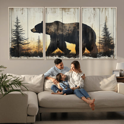 83875-MGV-FC-60X30-3P_Natural-Sunset Bear Wall Art – Rustic Wildlife Canvas Print with Forest Silhouette, Cabin Lodge Decor for Living Room or Office