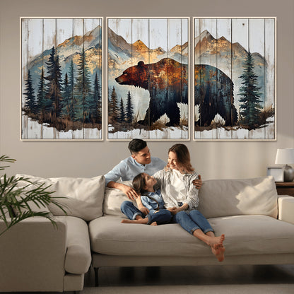55777-MGV-FC-60X30-3P_Natural-Rustic Bear Wall Art Canvas Print, Framed Mountain and Forest Art Picture Print, Wooden Bear Perfect Rustic Lodge Decor Artwork