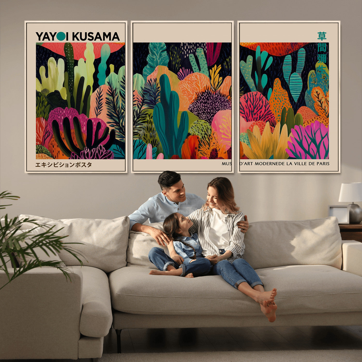 45711-MGV-FC-60X30-3P_Natural-Yayoi Kusama Wall Art Canvas Print, Framed Abstract Yayoi Kusama Art Picture Print, Japanese Wabi Sabi Perfect Modern Abstract