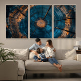 65231-MGV-CV-36X24-Blue and Gold Tree Ring Wall Art – Rustic Abstract Wood Slice Canvas Print, Modern Nature Inspired Artwork for Living Room,