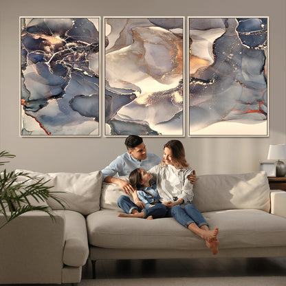 18202-MGV-CV-36X24-Abstract Neutral Wall Art – Blue, Beige and Gold Fluid Ink Canvas Print, Modern Minimalist Painting for Living Room, Office