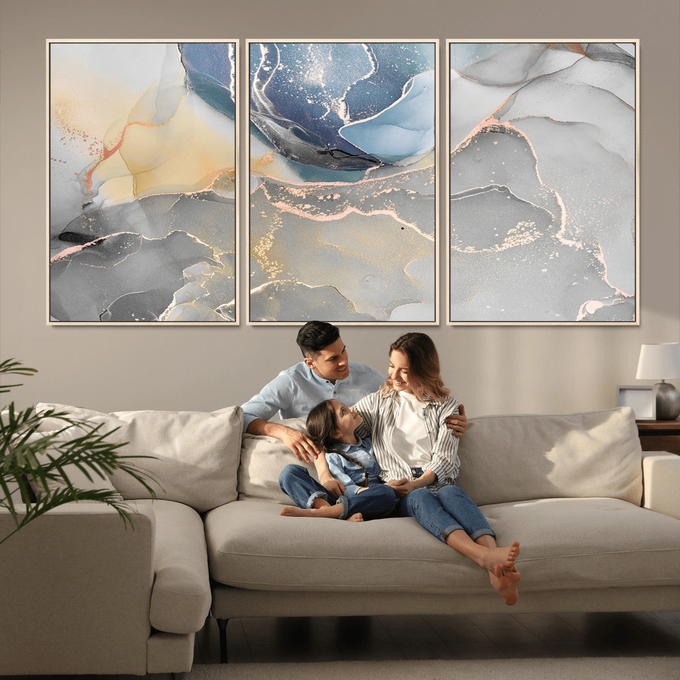 18176-MGV-CV-36X24-Abstract Fluid Wall Art – Modern Marble Ink Canvas Print with Blue, Gold, and Gray Tones, Contemporary Minimal Artwork Decor for