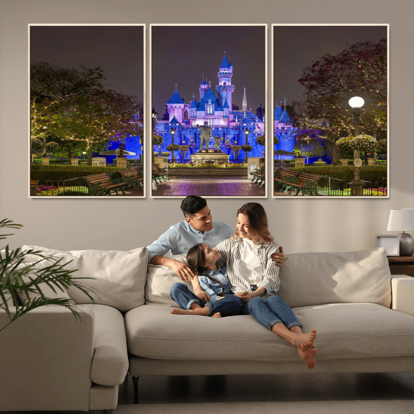 63560-MGV-CV-36X24-Fairy Tale Castle Wall Art – Magical Night Scene Canvas Print with Lights and Gardens, Fantasy Architecture Artwork for Living