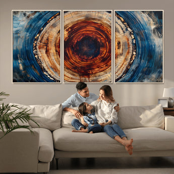 90395-MGV-CV-36X24-Tree Ring Wall Art – Abstract Wood Grain Canvas Print with Fiery Red and Blue Tones, Bold Rustic Nature Inspired Artwork Decor for