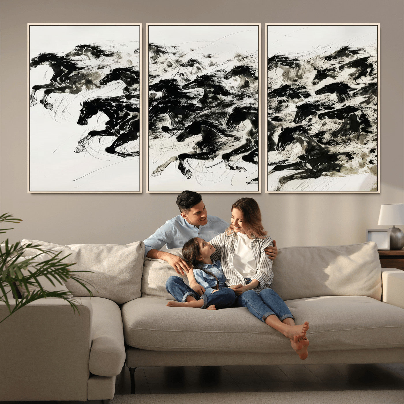 23069-MGV-CV-36X24-Galloping Horses Wall Art – Black Ink Painting on Canvas, Dynamic Equestrian Artwork with Running Stallions, Expressive Modern