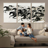 23069-MGV-CV-36X24-Galloping Horses Wall Art – Black Ink Painting on Canvas, Dynamic Equestrian Artwork with Running Stallions, Expressive Modern