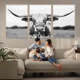 20272-MGV-FC-60X30-3P_Natural-Highland Cow Wall Art – Black and White Western Longhorn Canvas Print, Farmhouse Living Room Decor Southwestern Animal Artwork for