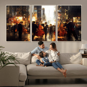 58782-MGV-CV-36X24-Jazz Musicians Cityscape Wall Art – Vibrant Urban Night Canvas Print, Elegant Music Themed Decor for Living Room, Office, or Music