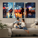 94605-MGV-CV-36X24-City Jazz Night Wall Art – Vibrant Music Canvas Print Featuring Saxophone, Guitar and Bass Players, Urban Street Scene Artwork for