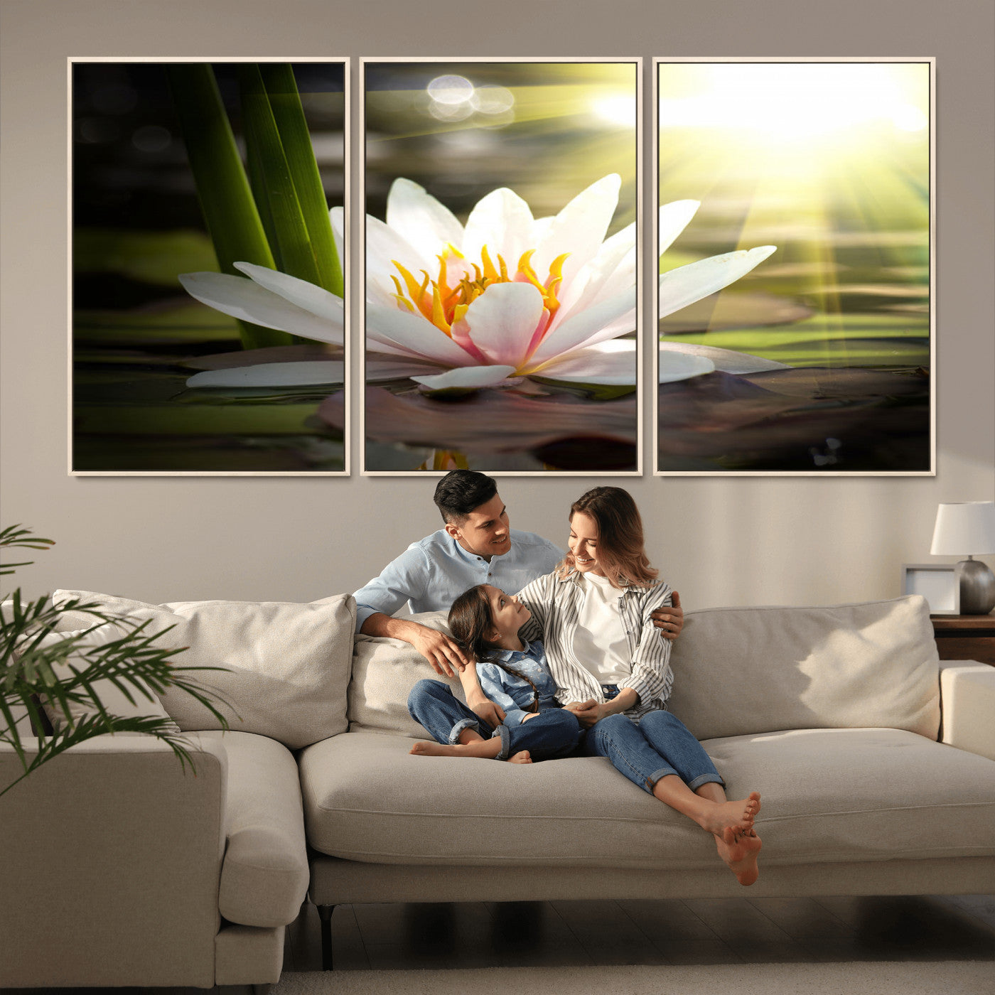 40478-MGV-CV-36X24-Water Lily Wall Art – White Lotus Flower Canvas Print with Sunlight Reflection, Serene Botanical Artwork for Living Room, Bedroom,