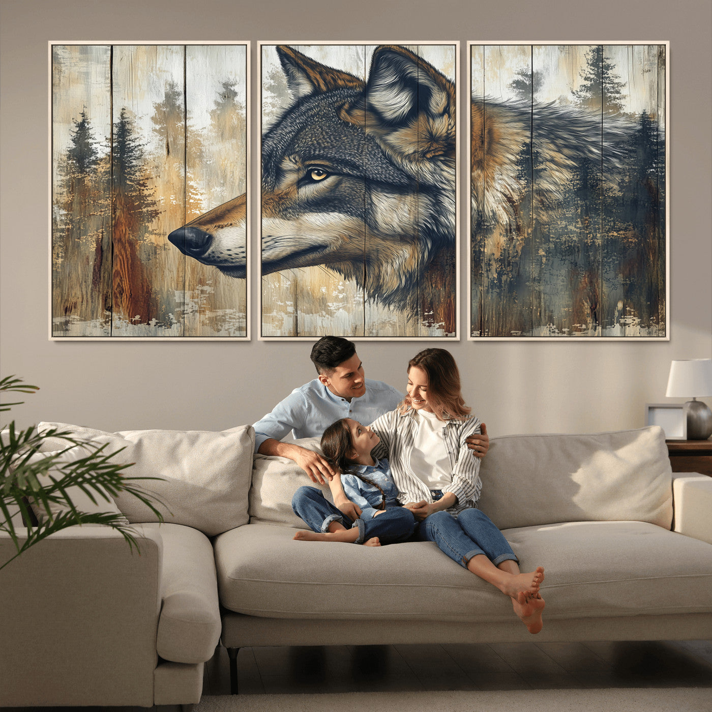91882-MGV-CV-36X24-Wolf Wall Art – Rustic Canvas Print of Forest Wolf on Wood Background, Wildlife Lodge Artwork for Living Room, Bedroom, Cabin, or