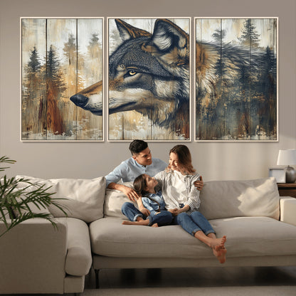 91882-MGV-CV-36X24-Wolf Wall Art – Rustic Canvas Print of Forest Wolf on Wood Background, Wildlife Lodge Artwork for Living Room, Bedroom, Cabin, or